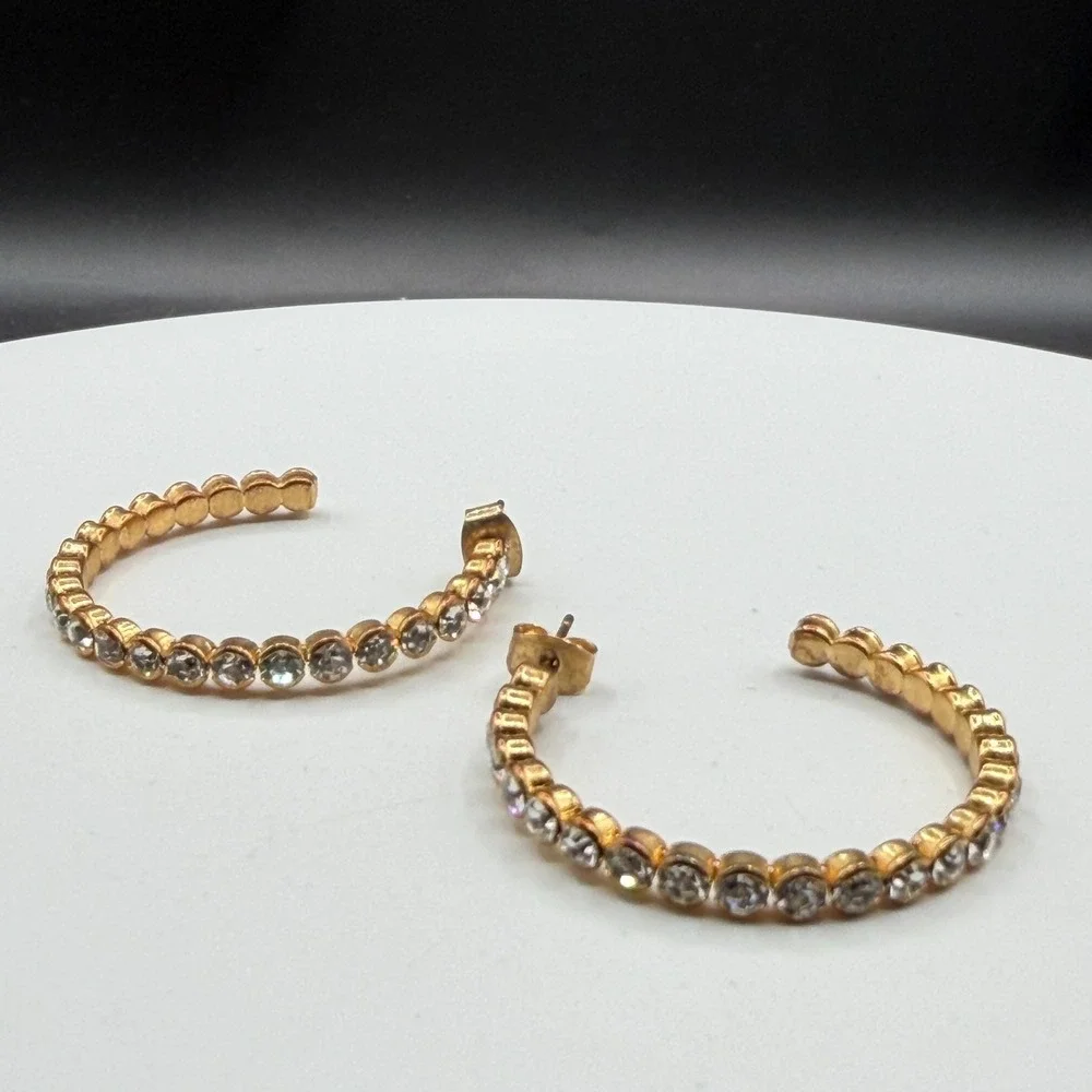 Gold Tone Rhinestone Hoop Earrings Clear Crystal Statement Glamour Gift for Her